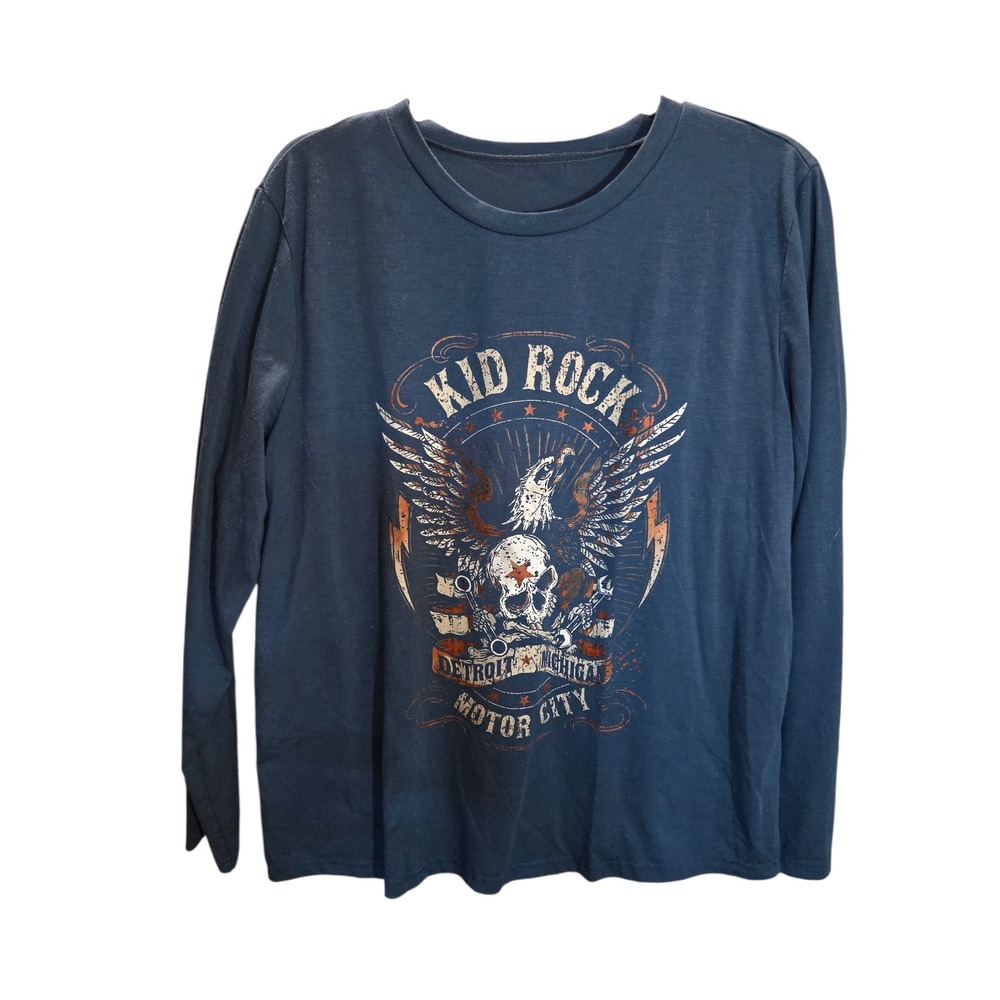 Kid Rock Detroit Michigan Motor City Graphic Long Sleeve Shirt Blue Mens Large
